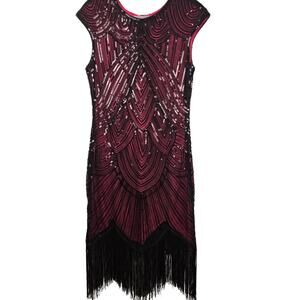 FUNDAISY Sequin Fringe Flapper Gatsby Dress Women XL Fuchsia Black Party Retro